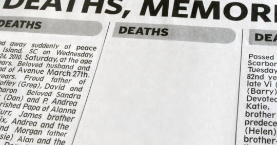 newspaper column displaying obituaries