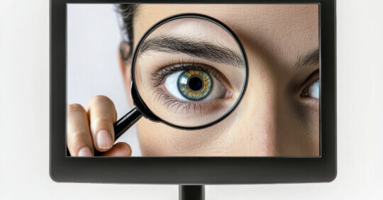 A woman with a magnifying glass peering from inside a computer, trying to see what others are searching on her WiFi.
