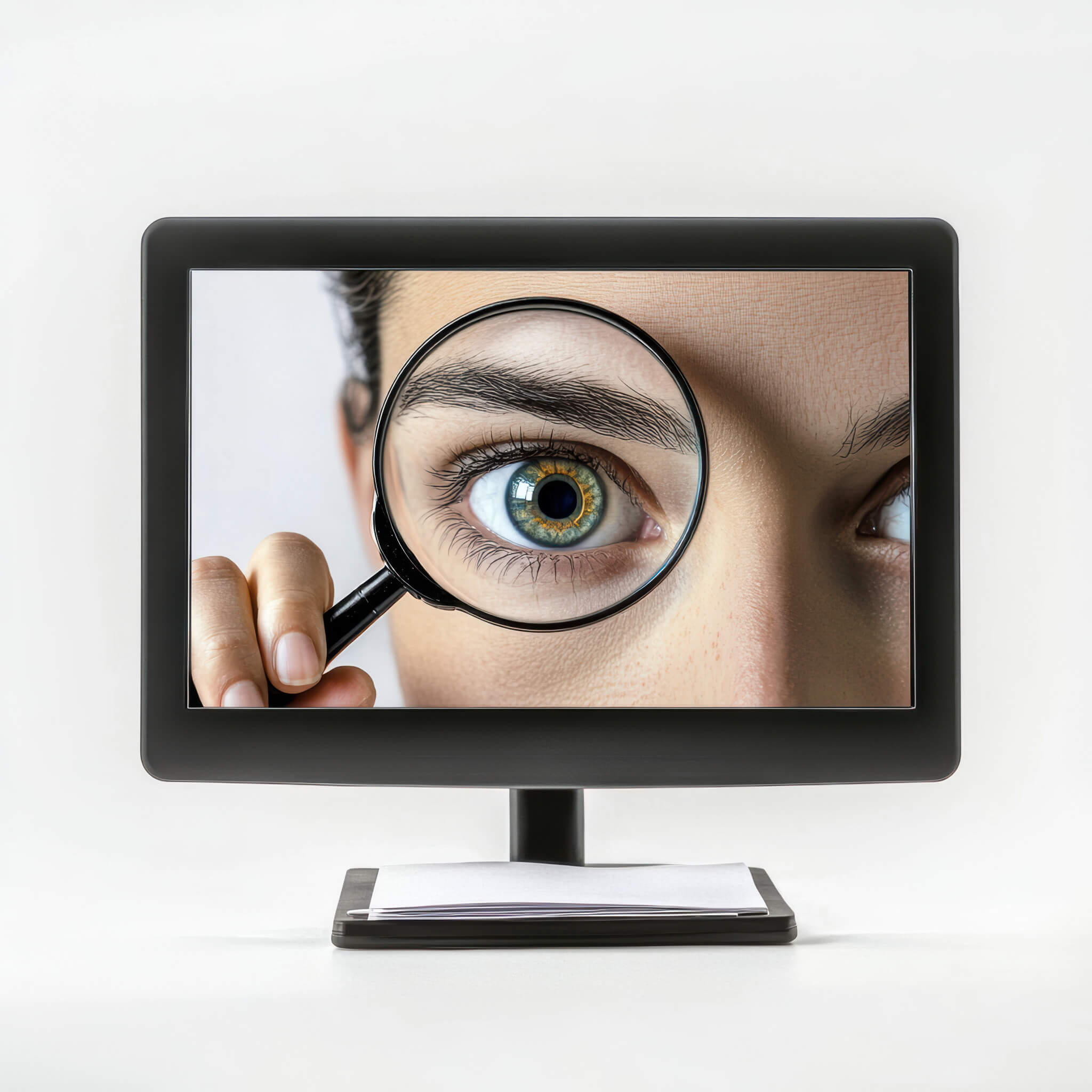 A woman with a magnifying glass peering from inside a computer, trying to see what others are searching on her WiFi.